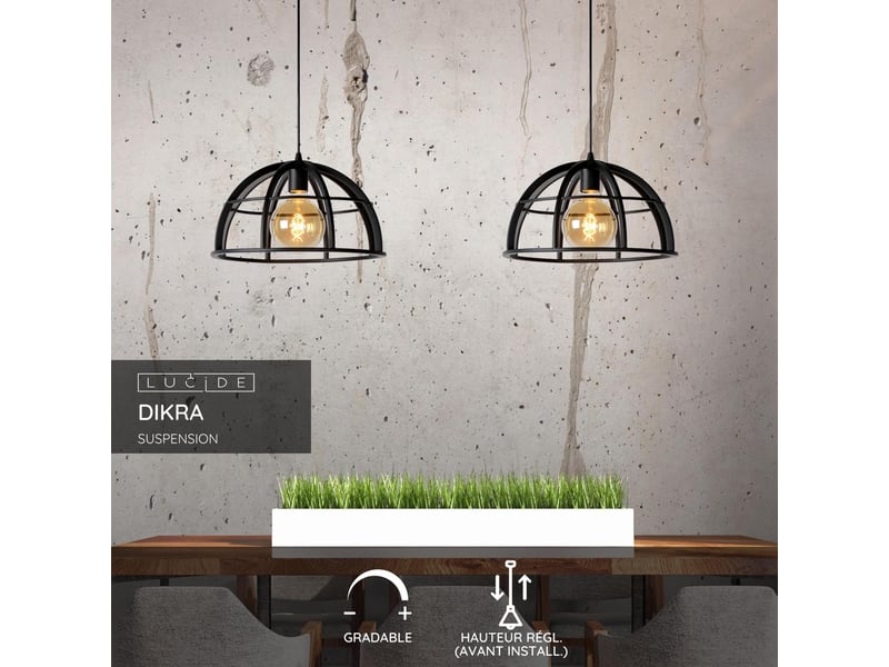 Suspension led dimmable 60 w 2xe27 métal noir - lucide - dikra  - Conforama C