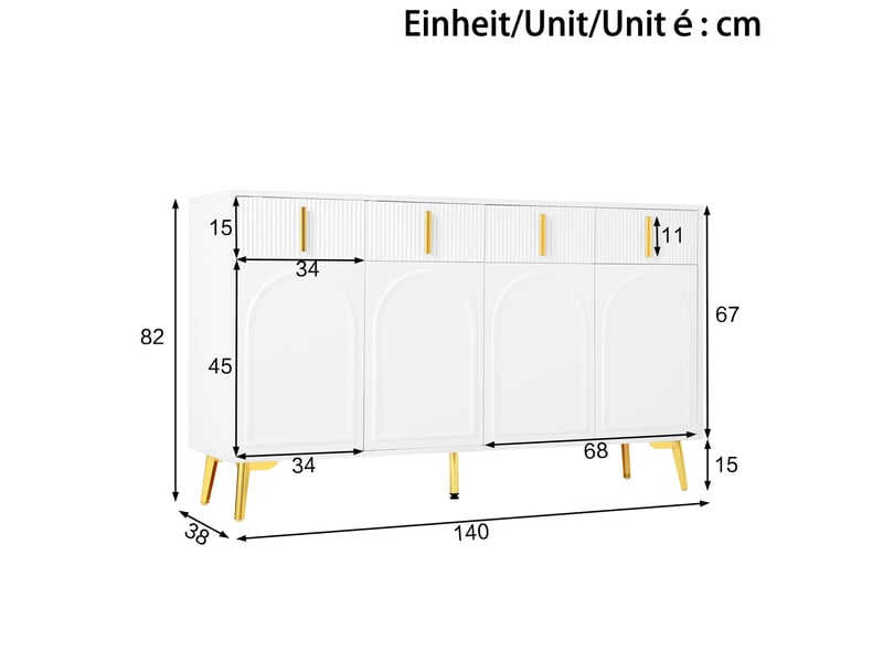 Buffet 4 portes et 4 tiroirs en mdf blanc avec détails dorés, 140 x 38 x 82 cm - Conforama E