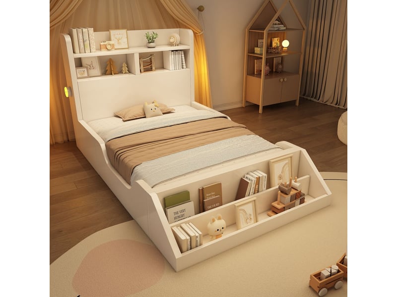  Lit une personne 90x200 cm, lit bois, tête de lit avec rangements, veilleuses, bibliothèque amovible, blanc pur  - Conforama B