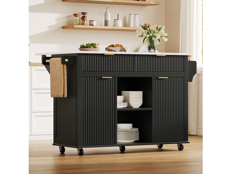 Desserte de cuisine à roulettes, 2 tiroirs, 2 portes, étagères à épices, porte-serviettes, 143 × 45 × 89,5 cm - Conforama B