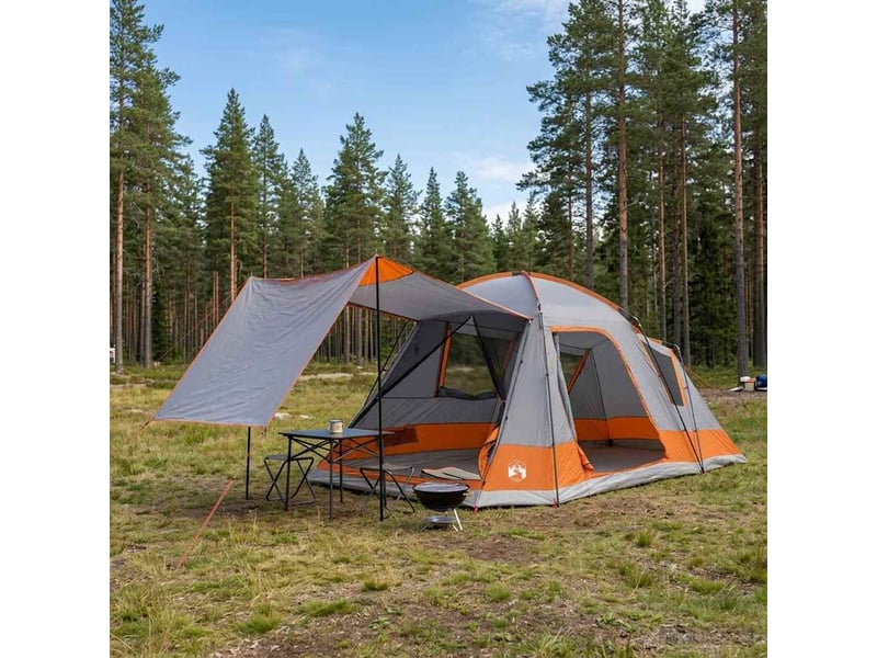 Tente de camping, tente cabane 12 personne gris et orange polyester et acier  - Conforama B