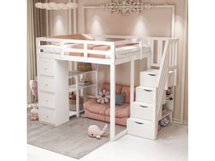 Lit mezzanine ulevr 140 x 200 cm avec rangement, 4 tiroirs, étagères, échelle de sécurité, structure en bois, blanc