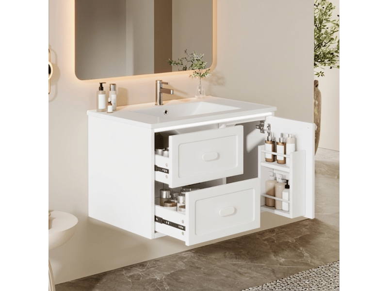  Meuble salle de bain suspendu 76 cm vasque céramique blanc laqué  - Conforama C
