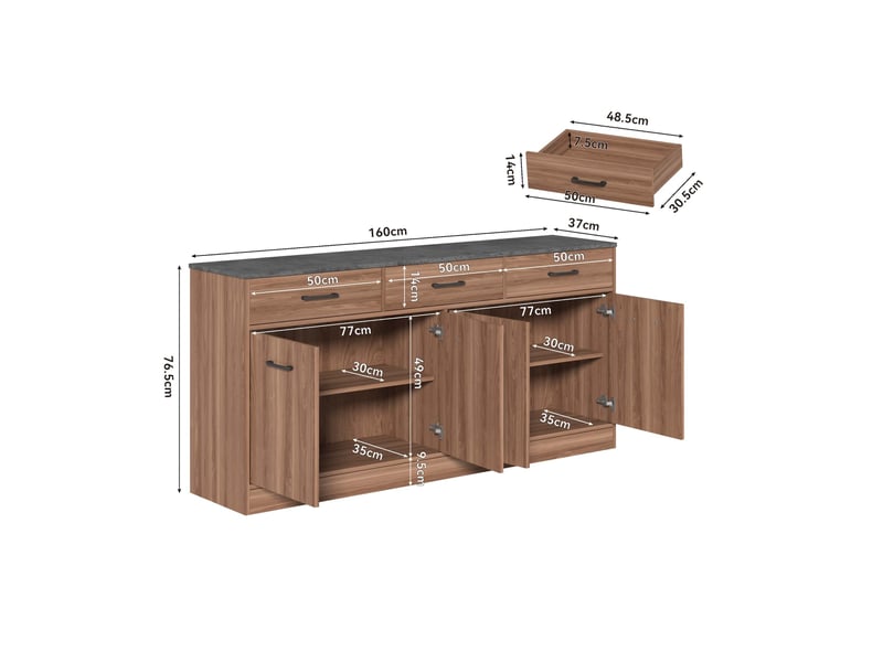  Buffet de cuisine modenvie 160 cm avec 3 tiroirs, 2 compartiments à étagères réglables, plateau aspect béton, finition bois foncé, 160 x 37 x 76,5 cm  - Conforama C