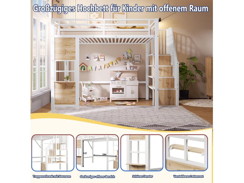  Lit mezzanine enfant 140 × 200 cm 2 places avec escalier de rangement et étagères, sans matelas, blanc  - Conforama E
