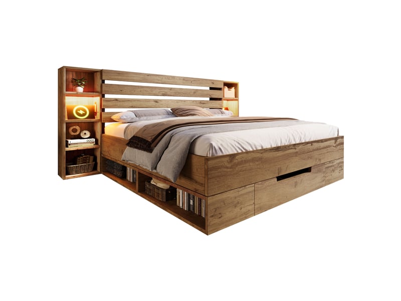  Lit adulte 160x200 cm avec led, usb-c et rangements, en bois clair, style naturel  - Conforama A