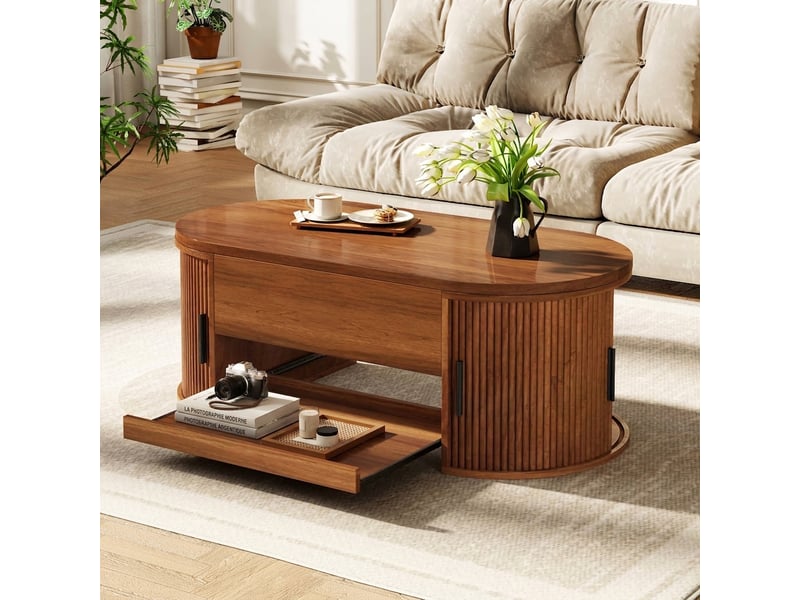  Table basse relevable avec rangement caché, plateau extensible, portes coulissantes, mdf noyer  - Conforama D