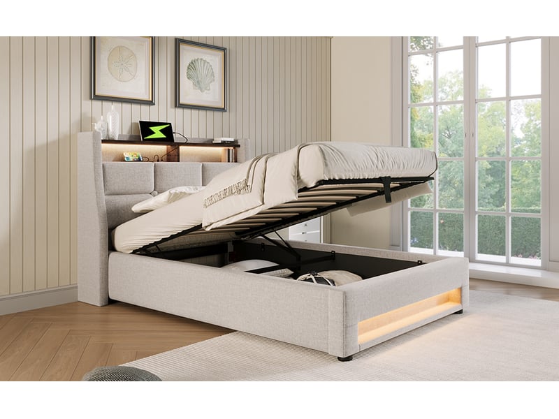  Lit coffre 90x200 cm avec led et usb structure de lit,lit simple avec rembourré tête de lit sommier à lattes métal &amp; cadre lin,gris  - Conforama B