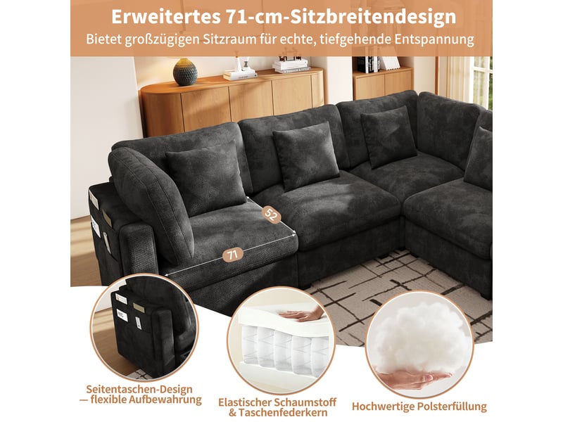  Canapé d'angle modulaire 4 places avec pouf coffre et poches latérales -  chenille gaufrée gris  - Conforama E