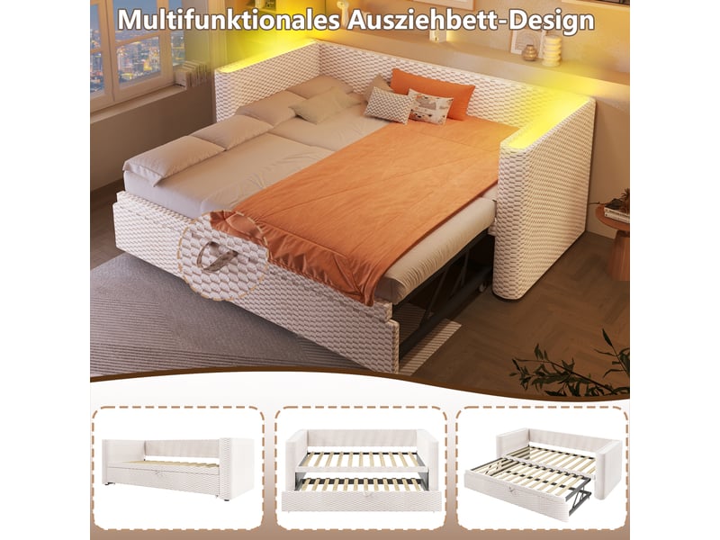  Lit de jour gigogne extensible 90x200 à 180x200 cm velours beige avec led  - Conforama E