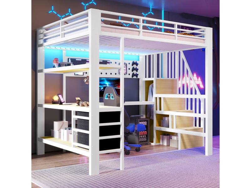 Lit mezzanine enfant métal 140 x 200 cm avec éclairage led  - 3 tiroirs- table - blanc ABC - Conforama E