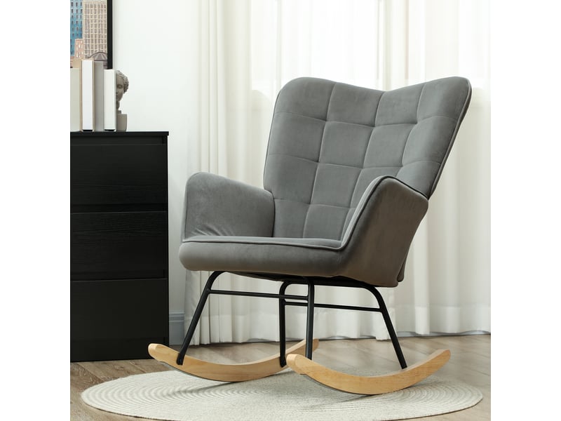  Fauteuil à bascule vintage, patins incurvés, rembourrage épais, bois de hêtre et acier, gris foncé  - Conforama D
