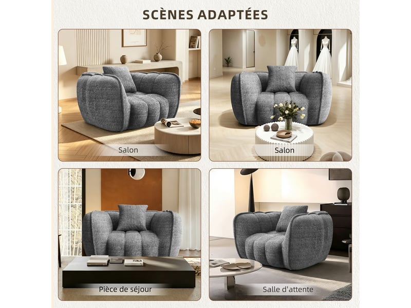  Lexzurn fauteuil fixe, pouf pour adulte,avec coussin,conception ergonomique,profondeur d'assise accrue 60 cm,adapté à de nombreux contextes,base antidérapante  - Conforama E