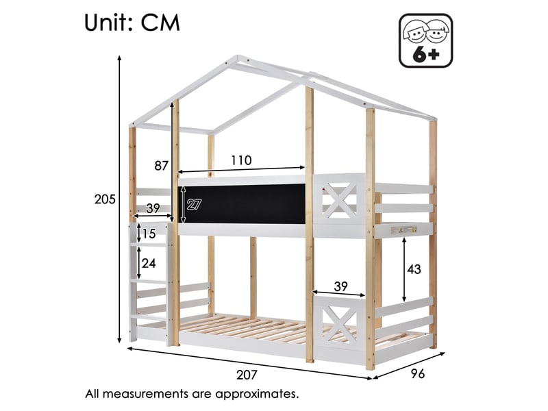  Lit superposé enfant 90x200 - lit cabane - tableau noir 110x27 cm - échelle - garde-corps - 2 sommiers à lattes - blanc et naturel  - Conforama E