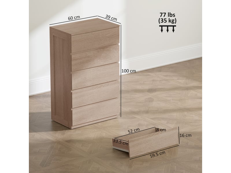  Commode en bois à 5 tiroirs avec glissières métalliques et poignées rainurées, 60 x 39 x 100 cm, couleur hêtre  - Conforama E