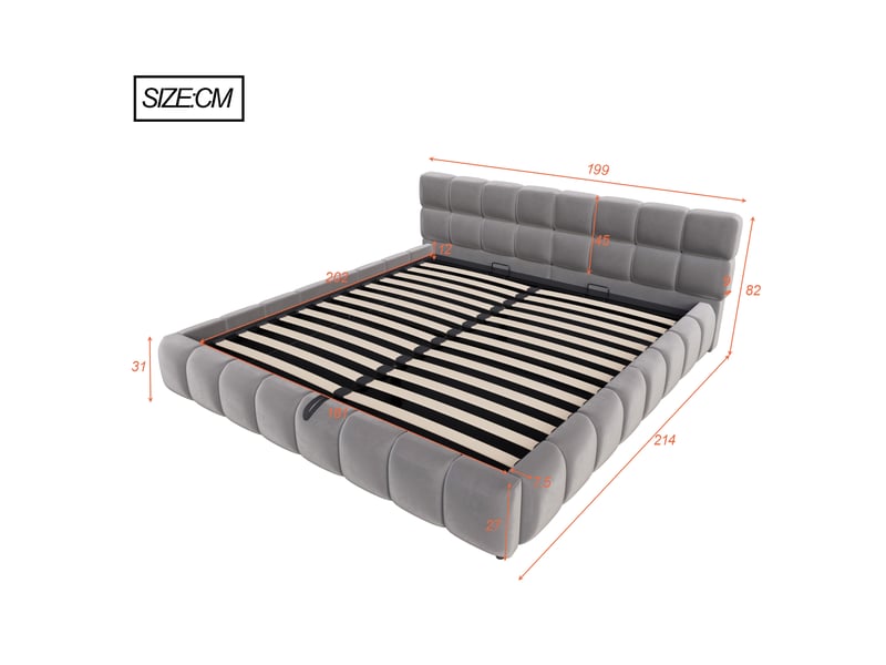  Lit double 180 x 200 cm, bandeau lumineux, têtecôtés volumineux, hydraulique, velours gris  - Conforama E