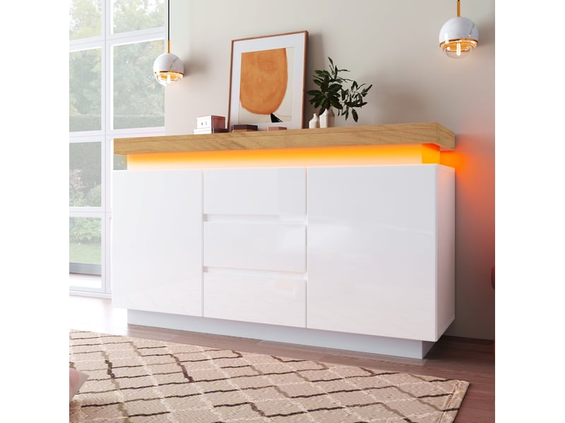  Buffet blanc brillant avec led, 2 portes et 3 tiroirs, 140 x 39 x 81 cm  - Conforama C