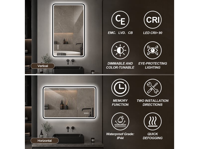  Miroir led de salle de bains 60 x 100 cm, cadre noir en aluminium  - Conforama B