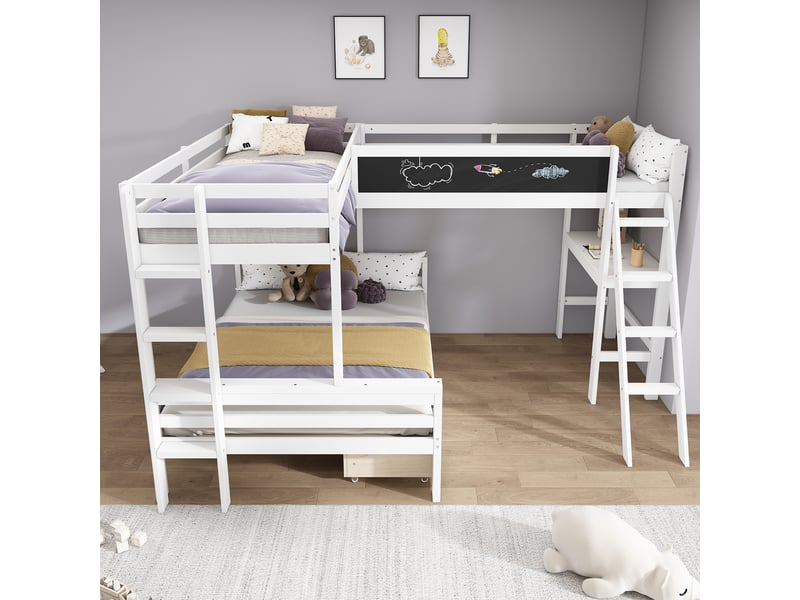  Lit triple superposé 140x200 + 90x200 cm pour trois enfants, tiroirs, bureau et étagère, pin blanc  - Conforama D