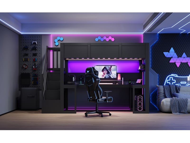  Lit mezzanine simple 90×200 cm avec bureau, led réglable et usb - okmyhome- noir, sans matelas  - Conforama E