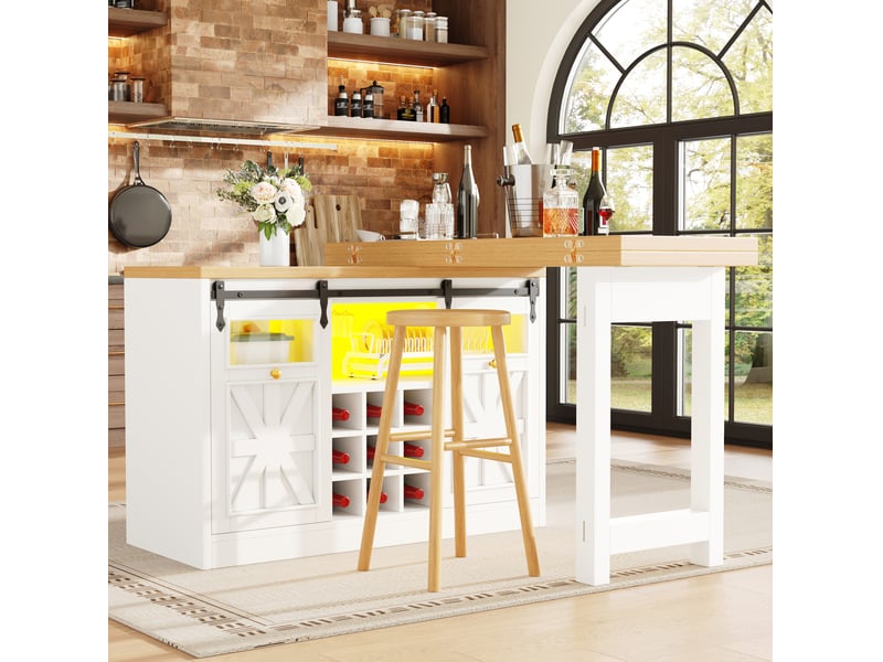  Îlot de cuisine blanc extensible 120-197 cm avec table pivotante et led rgb  - Conforama E