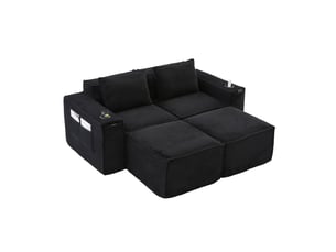 Canapé modulaire 2 places avec 2 poufs et porte-gobelets - lpospi - poches latérales, velours côtelé noir