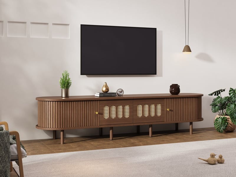  Meuble tv 180 cm couleur noyer, 2 tiroirs effet cannage, 2 portes à rideau, mdf, jusqu’à 80 pouces  - Conforama D
