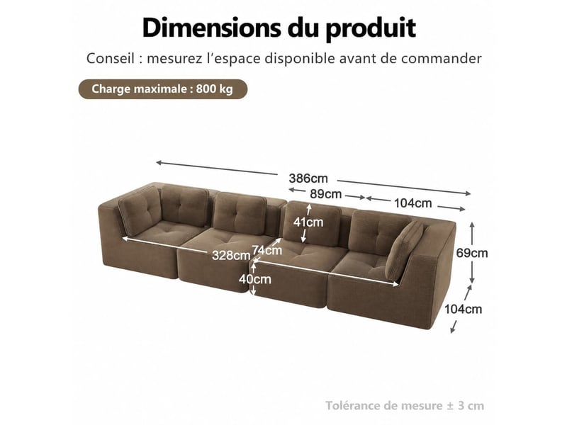  Canapé modulable 4 places sans armature, coussins moelleux et assise profonde antidérapante, 69 × 386 × 177 cm, marron  - Conforama C
