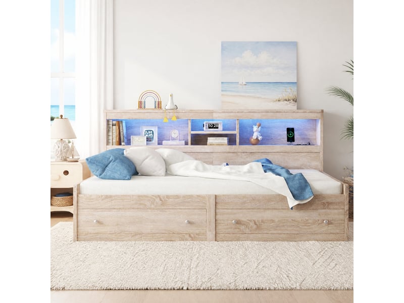  Lit banquette avec 2 tiroirs, rangements, éclairage à couleurs variables et prises de charge, en panneau de particules, blanc et naturel  - Conforama B