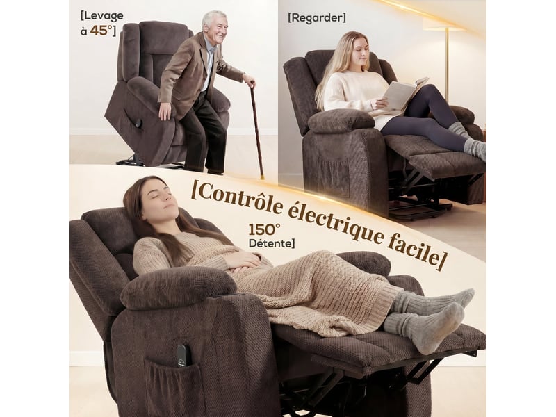  Fauteuil releveur électrique, fauteuil relax électrique en velours, dossier inclinable, port usb, assise large, marron  - Conforama D