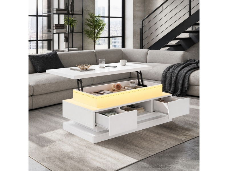  Table basse relevable blanche avec led, 2 tiroirs et rangement - 100 x 50 x 40 cm  - Conforama D