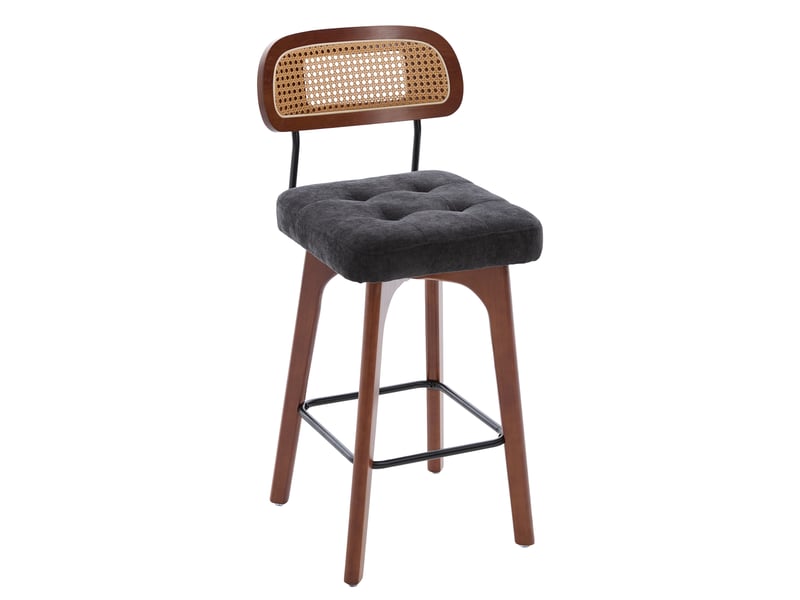Lot de 2 tabourets de bar pivotants 360° noirs en tissu, dossier en paille et repose-pieds, style mid-century moderne - Conforama A