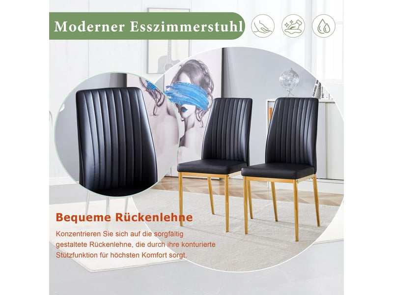  Chaise de salle à manger noire ensemble 4 pièces pieds en métal doré revêtement en cuir synthétique noir style moderne  - Conforama E