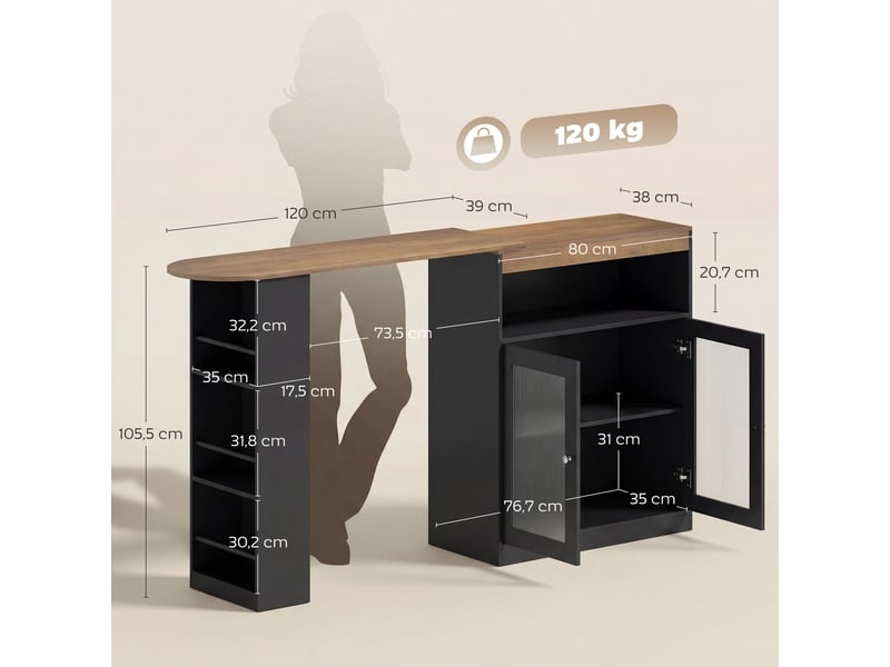  Table de bar extensible et pivotante à 90° avec étagères ouvertes et 2 portes vitrées 150 x 80 x 105,5 cm noir et naturel  - Conforama E