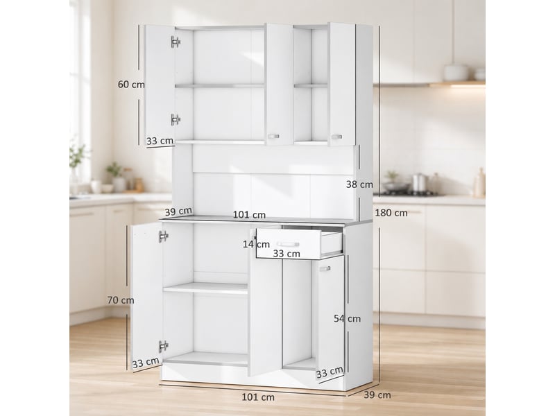 Buffet de cuisine blanc et gris avec plan de travail, 6 portes et 1 tiroir - Conforama C