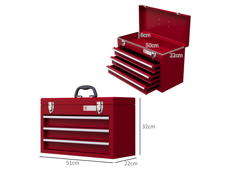  Coffre à outils vide 51 x 22 x 32 cm rouge en acier, 3 tiroirs et rangement supérieur verrouillable  - Conforama C