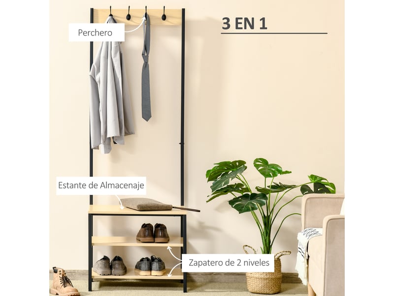  Porte-manteau métal avec rangement chaussures, 3 étagères, 4 crochets, 60×40×175 cm, noir naturel  - Conforama E
