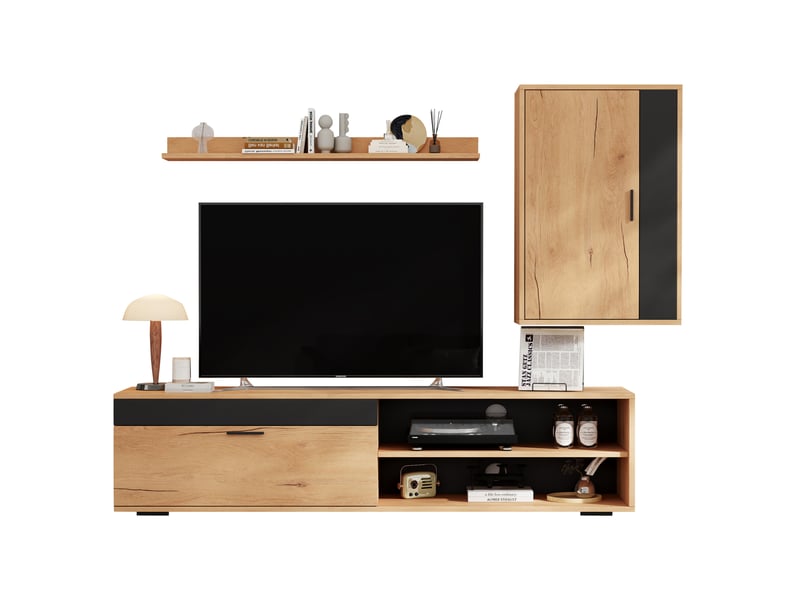 Meuble tv avec meuble mural, étagère murale, 2 portes à fermeture amortie et rangements pour salon, chêne et noir  - Conforama A