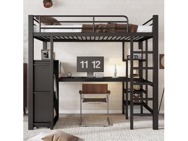  Lit superposé mezzanine 90x200 cm avec bureau, armoire et étagères, noir  - Conforama D