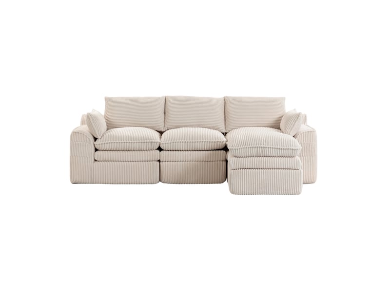 Canapé 3 places modulaire en velours côtelé beige avec pouf et coussins - Conforama A