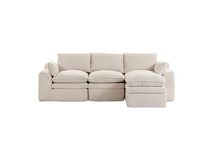 Canapé 3 places modulaire en velours côtelé beige avec pouf et coussins