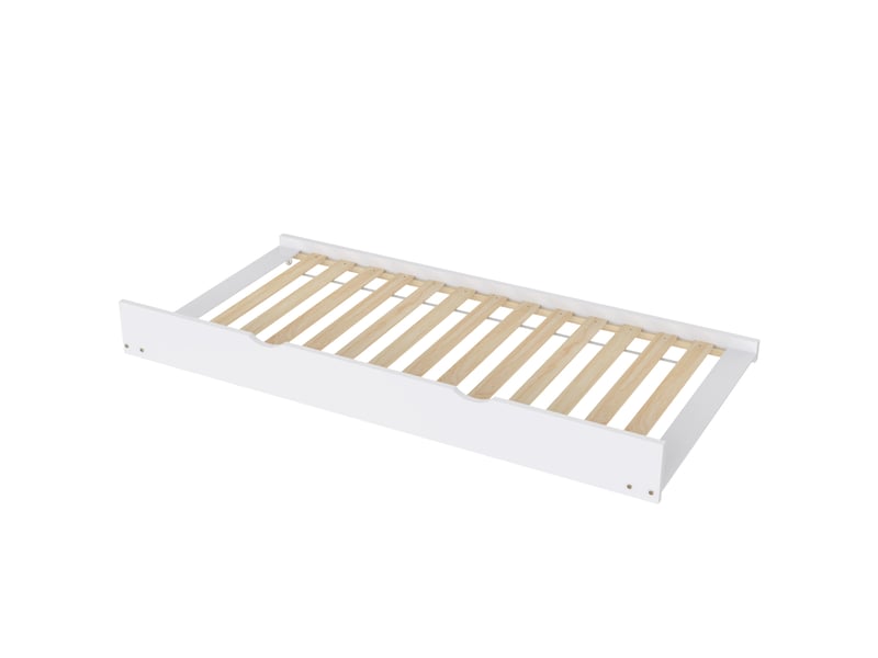  Lit superposé enfant 200×90 cm et 190×90 cm avec couchage gigogne, transformable en trois lits simples, sans matelas, en pin blanc  - Conforama E