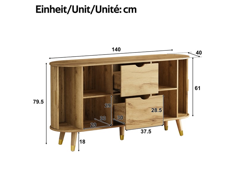 Buffet 140x40x79.5 cm à portes texturées, 2 tiroirs en mdf coloris naturel - Conforama E