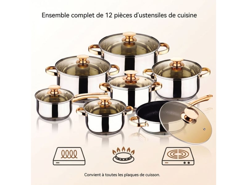 Set de 6 casseroles inox 201 avec couvercles verre teinté finition dorée base 5 couches compatible induction 414350_AABYE66833_6_DROPFR - Conforama B
