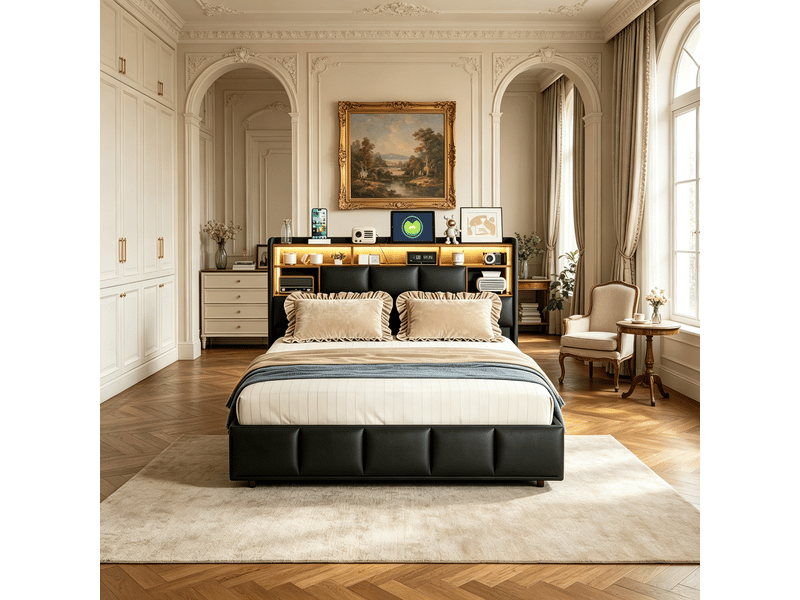  Cadre de lit coffre 140x190 cm noir - tête de lit pu avec ports usb et led réglable, sommier à lattes, rangement hydraulique, design moderne 250 kg  - Conforama C