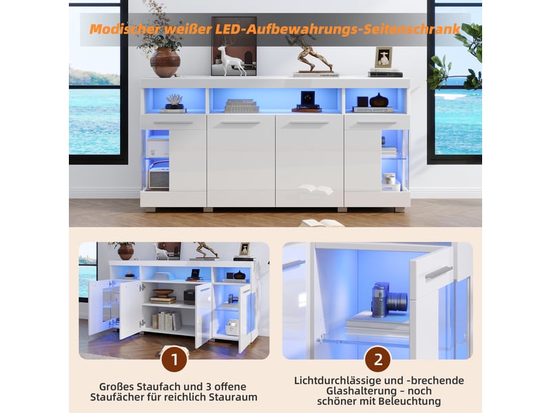 Buffet de salon blanc brillant avec éclairage led intégré, portes en verre trempé et rangement 140 x 40 x 70 cm - Conforama R