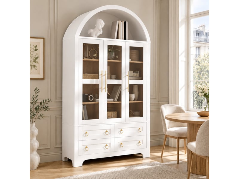  Buffet haut 3 portes vitrées, 4 tiroirs, niche ouverte en arc, rangement salon, mdf et panneau de particules blanc  - Conforama B