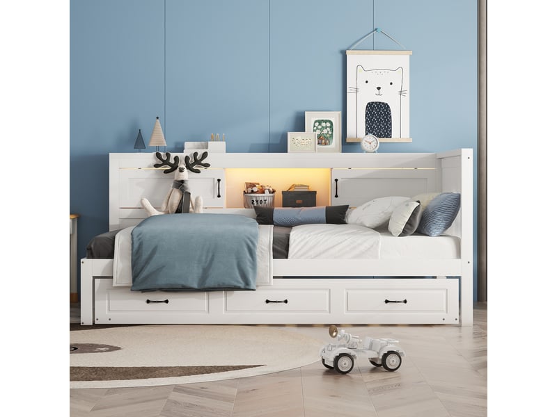  Lit banquette 90x200 avec lit gigogne et led, lit de jour blanc avec prises usb et rangement  - Conforama B