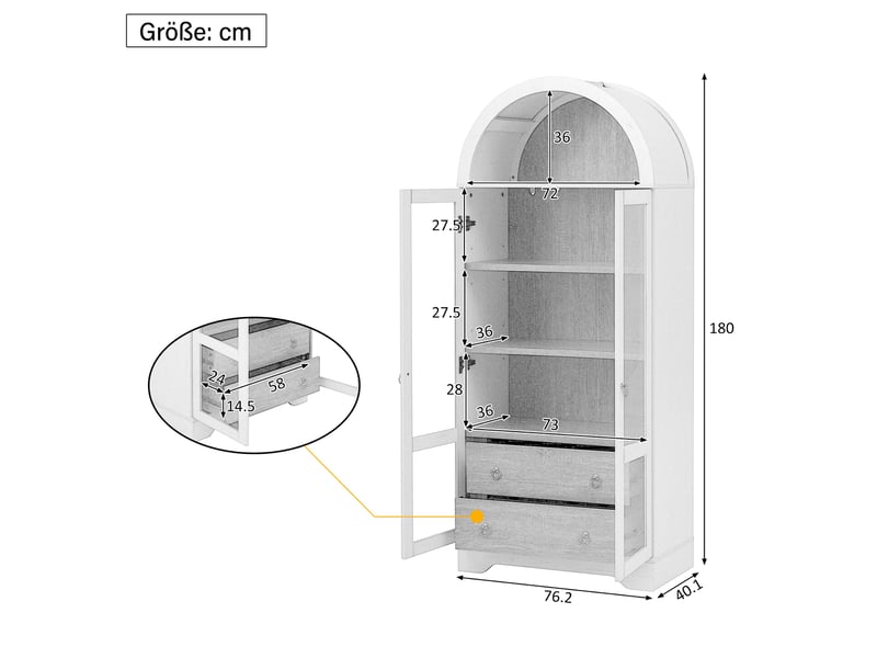  Vitrine d'exposition - 76.2x40.1x180cm - meuble vitrine avec arche supérieure, 2 portes en verre &amp; 2 tiroirs - blanc &amp; chêne  - Conforama E