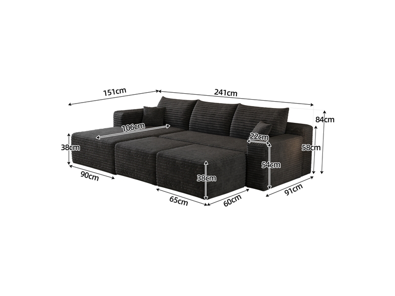 Canapé d’angle noir 5 places en velours côtelé, canapé en l pour salon de 241 cm avec assise profonde, mousse haute élasticité, sans montage - Conforama B